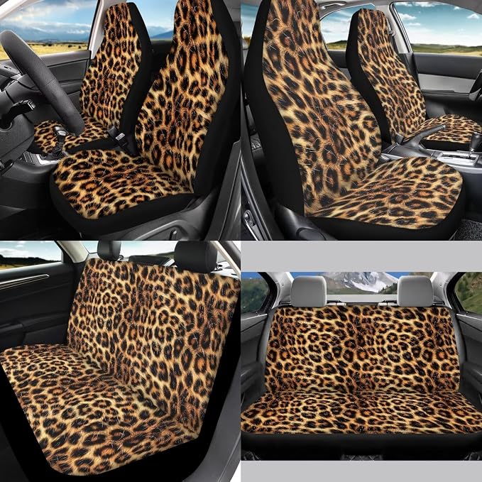 Brown Leopard Print 12 Pack Car Seat Covers Full Set Steering Wheel Cover Car Center Console Cover Protector Cars Seat Belt Covers Hand Brake Cover Universal Fit for Cars SUV
