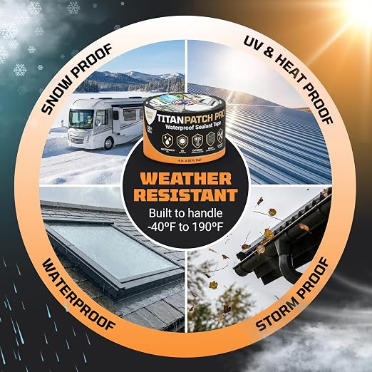 TITANPATCH PRO Waterproof Sealant Tape – Black 4" x50' – Stops Leaks Fast & Stays Sealed for 15+ Years – Sticks to RVs, Roofs, Pools, Boats, Gutters – Built for Harsh Weather (-40°F to 190°F)