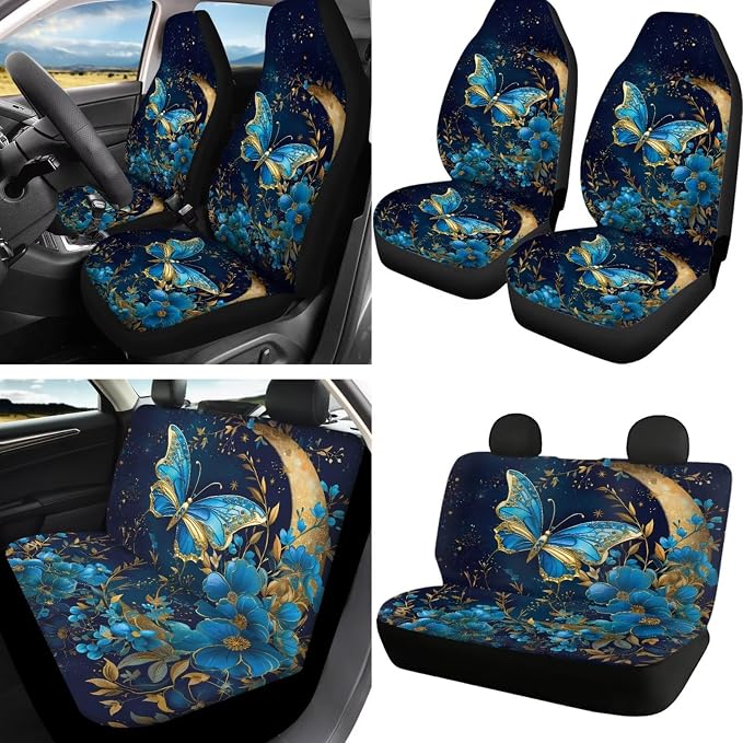 Howilath Butterfly Moon Floral Car Seat Cover Set SUV Interior Protector 13 Piece with Steering Wheel Protector/Seat Belt Cushion/Keychains/Cup Coasters Universal Fit All Seasons