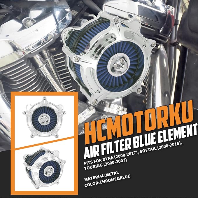 Air Cleaner Filter Aluminum Fit for Harley Touring Road King Street Glide Softail Sportster Dyna (Chrome Housing Blue Element, B For Touring 00-07,Softail 00-15,Dyna 00-17)