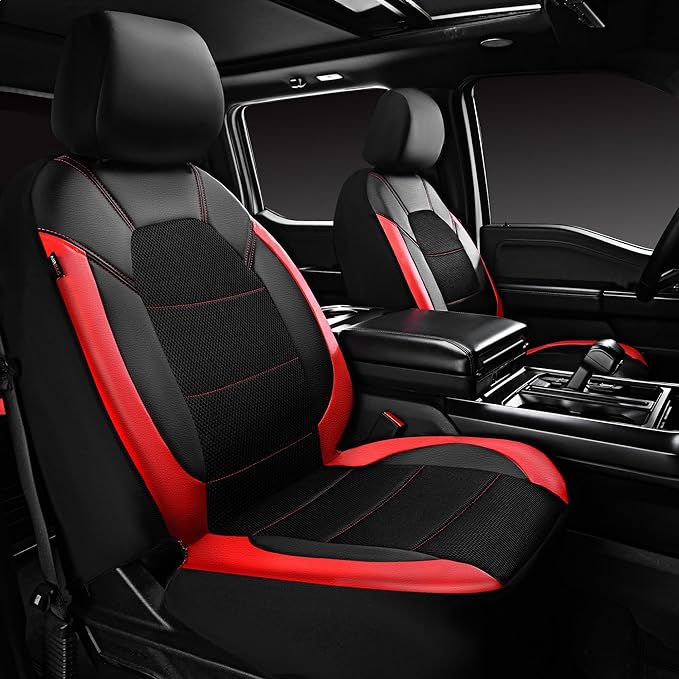 CAR PASS Faux Leather Car Seat Covers Full Sets, Steering Wheel Cover 14.5-15inch and Waterproof Car Floor Mats,Universal Fit SUV Sedan Van Truck, Automotive Car Interior Sets(Black＆Red)