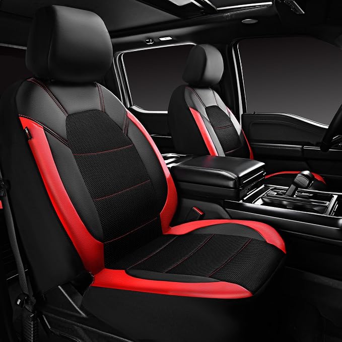 CAR PASS Universal Leather Seat Covers Full Sets, DeepDish Rubber Floor Mats for car Heavy Duty car mats,Car Seat Covers for SUV Sedan Van Truck, Airbag Compatible(Black Red)