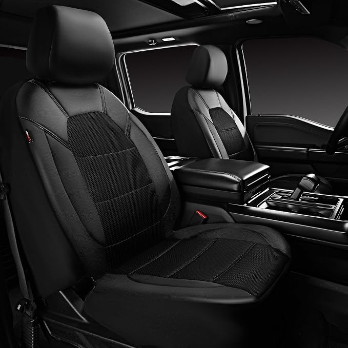 CAR PASS Universal Leather Sport car seat Covers&Leather Rubber Steering Wheel Cover Set,Equipped with Mobile Phone Holder and Non-Slip Cup Mat,Suitable for Steering Wheel 14.5-15” All Black