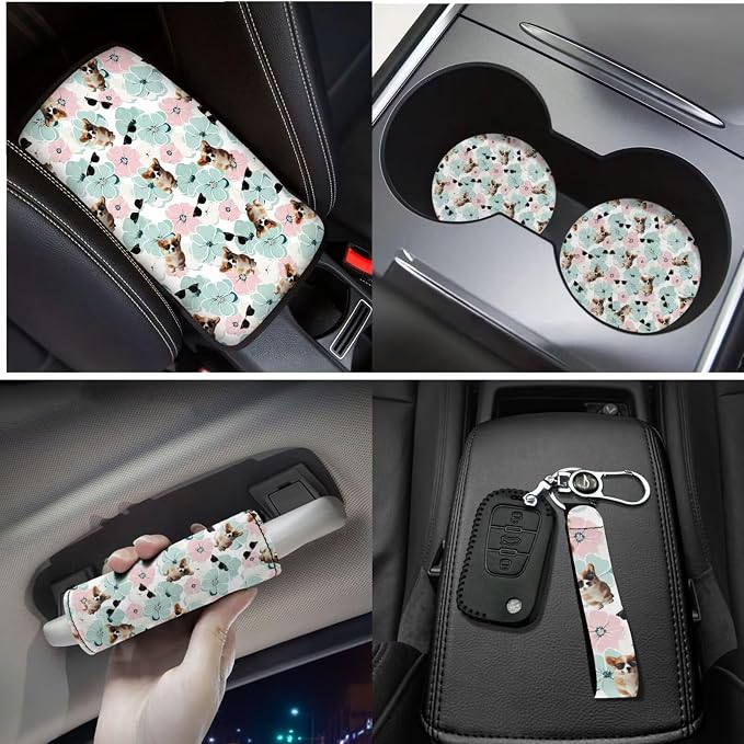Cute Dog Flower 17 Pcs Car Accessories Seat Covers Full Set Steering Wheel Cover Floor Mats Center Console Pad Cup Holders Seat Belt Pads for Women Men Car Interior Decor