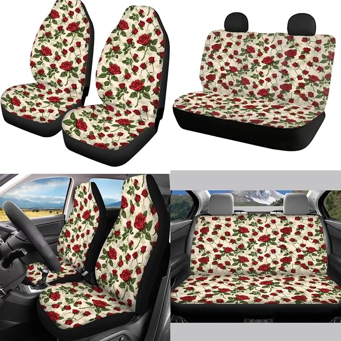 Mumeson Red Flowers Car Seat Covers Full Set with Steering Wheel Cover + Safety Seat Belt Pads + Armrest Cushion Pad Set Auto Accessories for Womens Mens Universal Fit