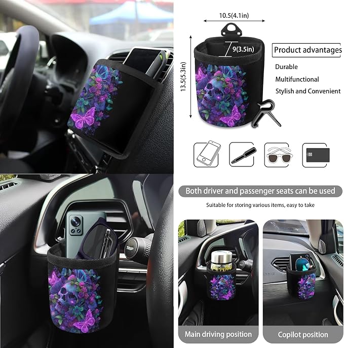 Skull Floral Butterfly Print Car Seat Cover Set Steering Wheel Covers Seat Belt Strap Cover Garbage Cans Air Vent Storage Holder Rear View Mirror Covers Coasters Key Chain, 15 Pack