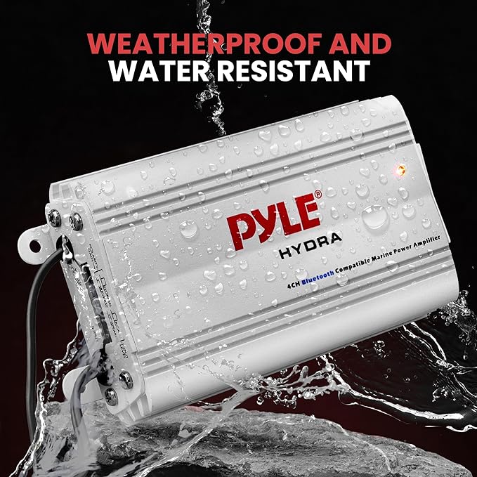 Pyle Auto 4-Channel Marine Amplifier - 200 Watt RMS 4 OHM Full Range Stereo with Wireless Bluetooth & Powerful Prime Speaker - High Crossover HD Music Audio Multi Channel System PLMRMB4CW White