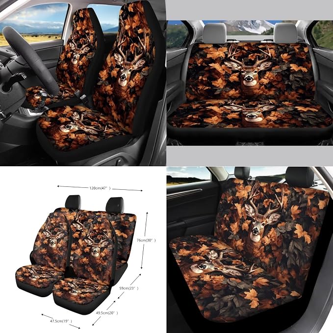 Deer Hunting Camo Print Auto Interior Sets Full Car Front Rear Seat Covers Steering Wheel Cover Seat Belt Covers Coasters Trash Can Keychain Air Vent Storage Bag 15pcs Set
