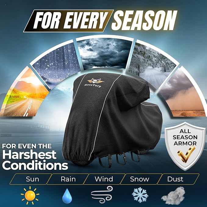 600D Heavy Duty Motorcycle Cover for Touring Models - Waterproof Outdoor Storage, All-Season Weatherproof with Air Vents, Exhaust Heat Shield, Wheel Lock Slots & Reflective Strips