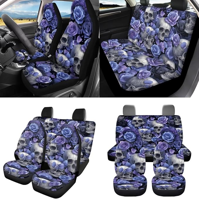 Purple Rose Skull Car Seat Covers Full Set 8 Pcs Car Accessories for Women Front Seat Cover Steering Wheel Armrest Cover Seat Belt Cover for Auto SUV Interior Decoration