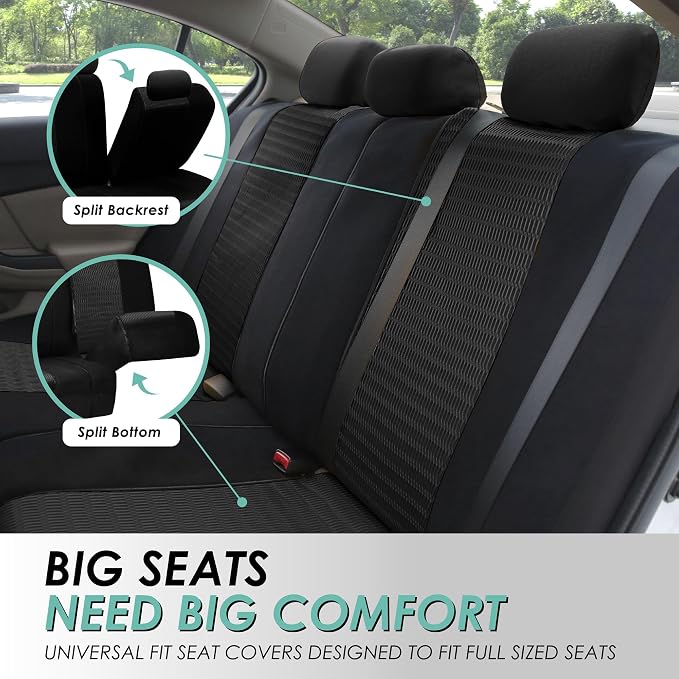 FH Group Car Seat Covers Trendy Elegance 3D Air Mesh Car Accessories, Airbag Compatible and Split Ready Black Three Row Set 8 Headrest Covers Universal Fit Interior Accessories for Cars Trucks SUV