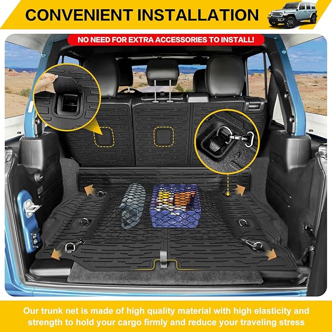 Cargo Mats & Trunk Net for 2021-2024 Jeep Wrangler JL 4XE Trunk Mat Backrest Liner with Cargo Net All Weather Anti-Slip Rear Back Seat Mats Cargo Net for Wrangler JL 4XE 4 Door Accessories