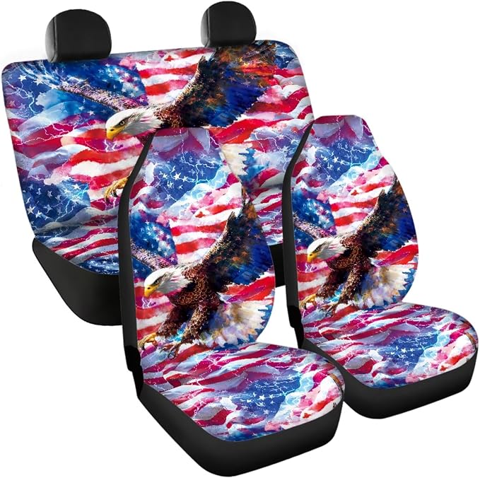 Gradient American Flag & Eagle 11-Piece Car Seat Cover Set with Steering Wheel Cover and Seatbelt Pad Covers, Universal Fit for Most Vehicles, 250th Anniversary Patriotic Auto Decor
