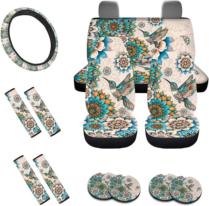 Boho Mandala Hummingbird Pattern 13 Pieces Car Accessories Interior Set, Non Slip Car Front and Rear Seat Cover, Steering Wheel Cover, Seat Belt Cover Pad Coasters, Gift for Friend and Family
