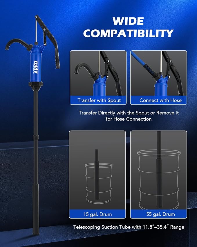 Orion Motor Tech 55 Gallon Drum Pump, for Transfer of Chemicals, Acidic Solutions, Fuels, Water Based Fluids, Fits 5 to 55 Gallon Drums & Barrels, Lever Action Barrel Pump, with 3 Suction Tube
