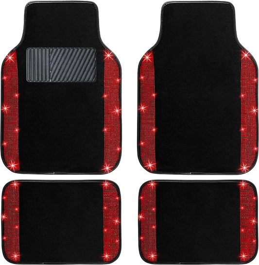 NBTEPEM Red Bling Car Floor Mats Full Set, Universal Fit Most Cars,SUV, Trucks, 4 pcs Sparkle Glitter Diamond Carpet for Women Girls with Anti-Slip Pad (Red Diamond)