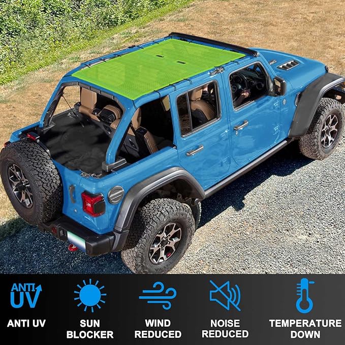 JL Top Sun Shade Roof Compatible with Jeep Wrangler 2 or 4 Door 2018 to 2023 Sunshade Sunroof Cover Blocks UV Wind Noise Green Mesh for Full Length