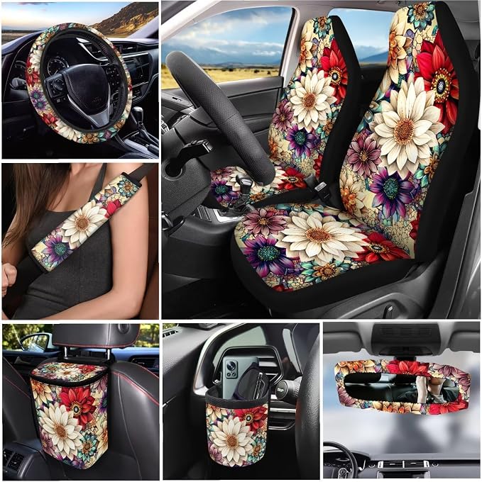 Dreaweet Dahlia Car Seat Covers Full Set for Women Flower Car Accessories 15 Pcs Set - Steering Wheel Cover Seatbelt Covers Car Coasters Trash Can Air Vent Storage Bag Rearview Mirror Cover Keychain