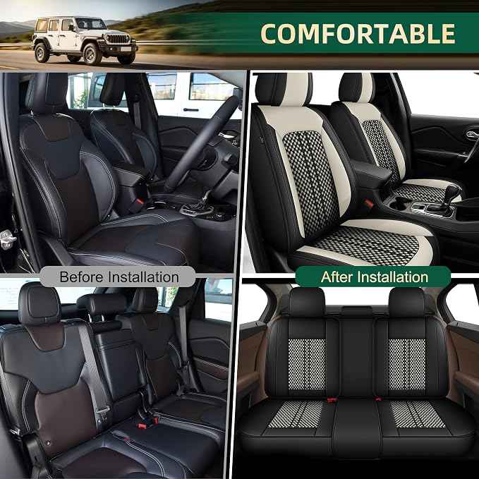 Leather Seat Covers Fit for Jeep Liberty 2002-2012 5 Seats Full Set Black Ice Silk Seat Covers (5 Seat Black&White)