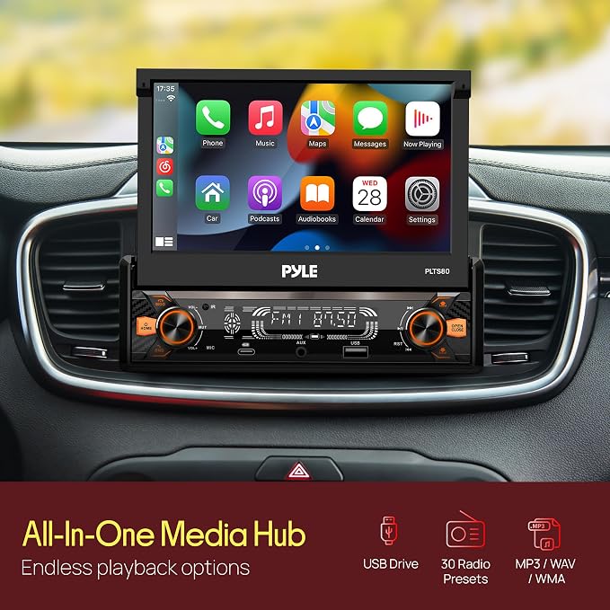 Pyle 7" Single DIN Car Stereo | Apple CarPlay & Android Auto, Flip-Out 7-Inch IPS Touchscreen, Bluetooth, 1080p Backup Camera, AM/FM, USB, 240 W | Single DIN Head Unit Receiver