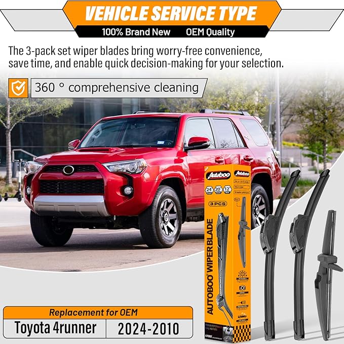 AUTOBOO 24"+20" Windshield Wipers with 12 Inch Rear Wiper Blade Replacement for Toyota 4runner 2010 2011 2012 2013 2014 2015 2016 2017 2018 2019 2022 2023 2024 -Original Factory Quality (Pack of 3)