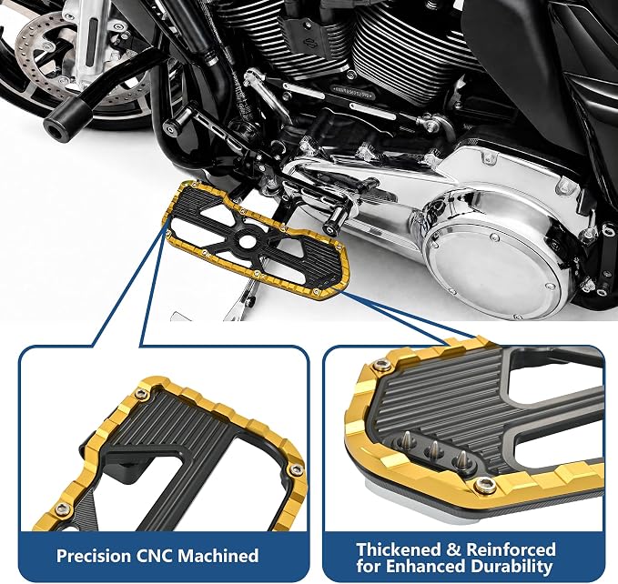 Black & Gold Driver Floorboards for Harley Touring 1999-2025, Trike 2009+, FL Softail 1986-2017, Front Rider Foot Boards, 7075 Aviation Grade Aluminum Alloy, 20mm Thick, Anti-Slip Wide Platform