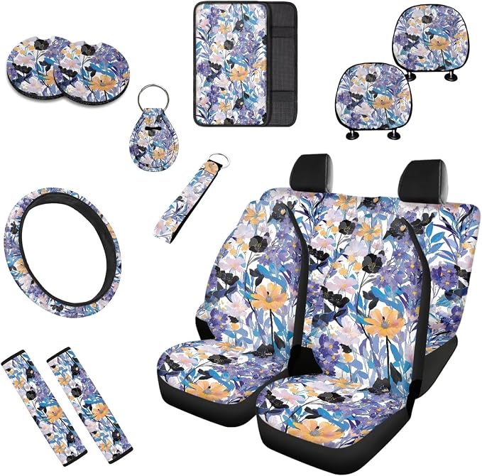 Watercolor Flower Leaf Car Seat Covers Set of 13, Countryside Flowers Field Steering Wheel Cover, Abstract Botanical Easy to Install Car Seat Cover Set