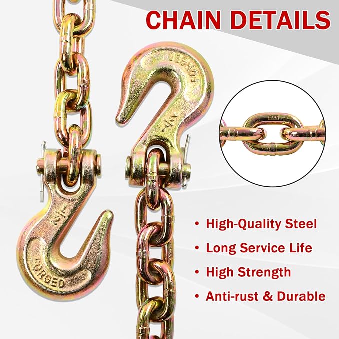 Heavy Duty G80 Transport Binder Chain 1/2'' Inch x 16 Feet,Tow Chain with G70 Clevis Grab Hooks,12000 lbs Safe Working Load Logging for Transporting, Towing(1/2'' x 16FT Yellow).