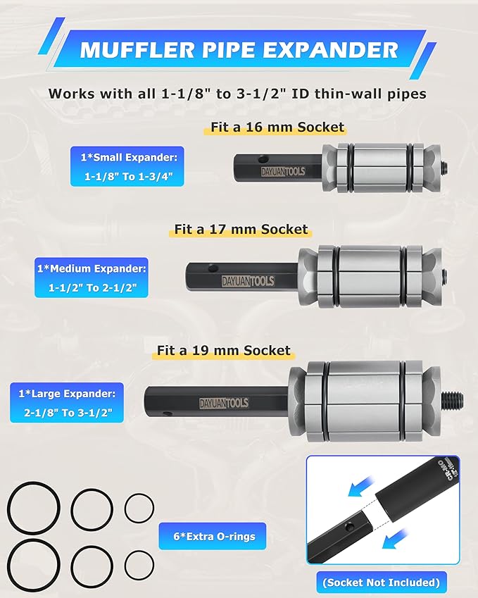 DAYUAN Upgraded 3 Pcs 1-1/8'' to 3-1/2'' Exhaust Pipe Expander Tool Set, Tail Pipe Spreader Kit Compatible with Most Vehicles and Trucks Bule Case
