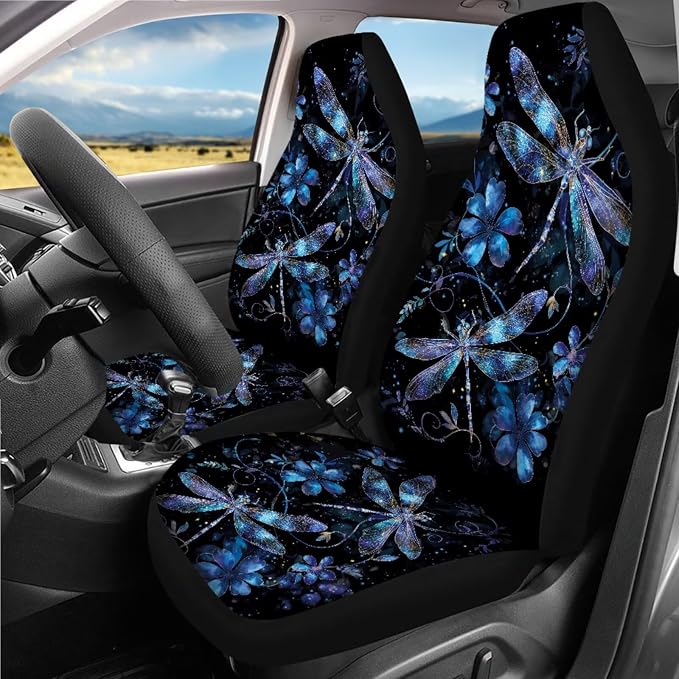 Dragonfly Car Seat Covers Full Set of 18 Pcs Blue Dragonfly Car Accessories Full Set with Steering Wheel Car Covers Cars Headrest Covers Auto Trash Bag Armrest Box Pad,Easy to Install