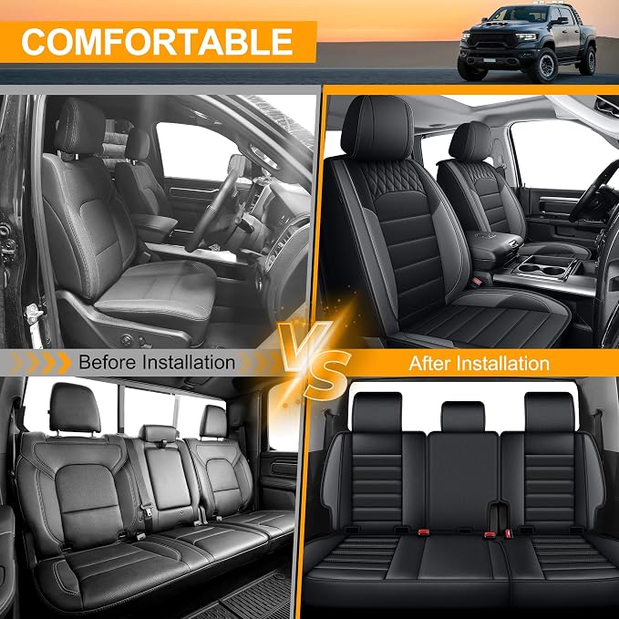 IKABEVEM for Dodge Ram 1500 Seat Covers 2012-2024 2025 2026 | Ram 2500 3500 2012-2026 Seat Covers Seat Cushion Cover with Faux Leather(Flat Bench,Full Set,Black&Grey)
