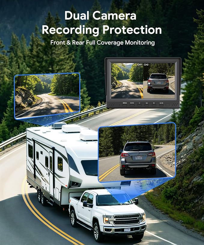 RV Backup Camera System with Front & Rear View Camera, 7'' Split Screen for RV Truck Trailer Camper, 1080P HD DVR Loop Recording, Plug & Play, Night Vision, IP69 Waterproof, Wide Angle, 32GB SD Card