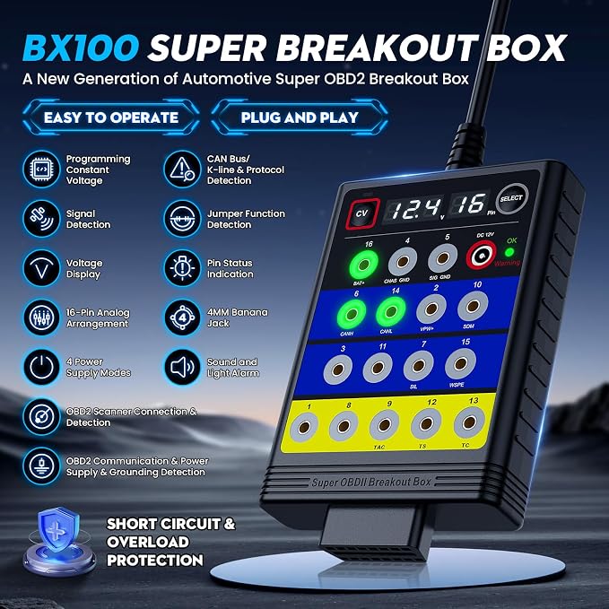 TRISCO Super OBD2 Breakout Box – 16-Pin Automotive Diagnostic Tool with Voltage Display, ECU Programming Support, CAN/K-LINE Protocol Detection