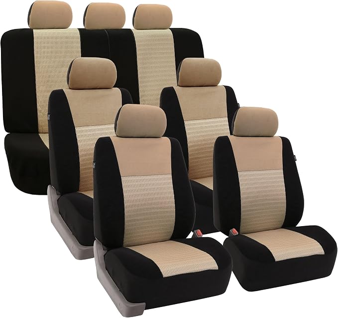 FH Group Car Seat Covers Three Row Set 7 Headrest Covers Car Accessories Universal Fit, Trendy Elegance 3D Air Mesh Airbag Compatible and Split Ready Beige Interior Accessories for Cars Trucks SUV