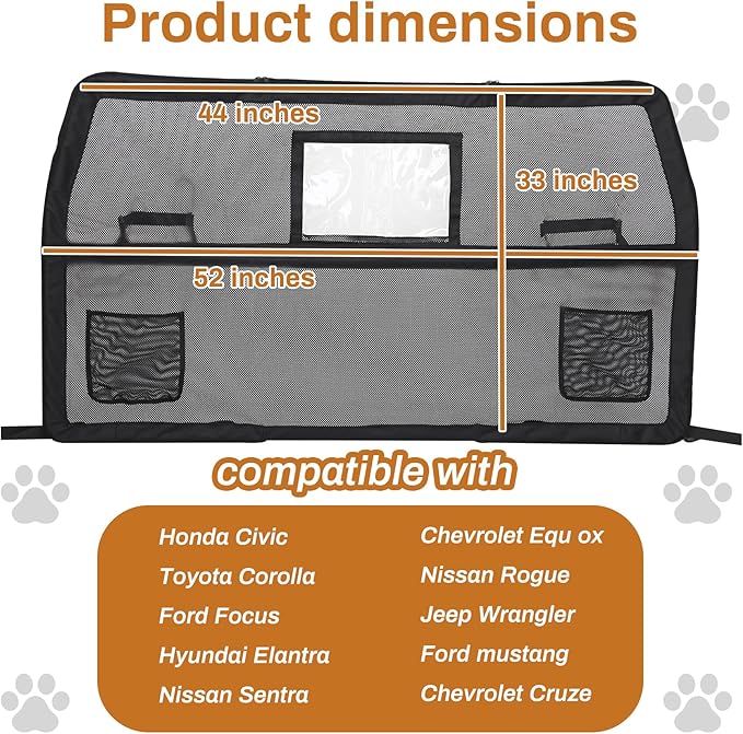 52" Wide Dog Car Barrier with Window & Steel Frame, Universal Fit for Cars, Sedans,SUVs,and Trucks, Car Barrier for Escape-Proof, Vehicle Gate for Dog Travel