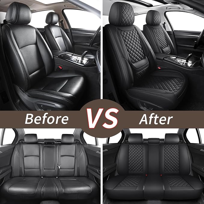 Black Leather Car Seat Covers Full Set Breathable Seat Protectors Waterproof Automotive Seat Covers Universal Fit for Most Cars SUVs Trucks Vehicles