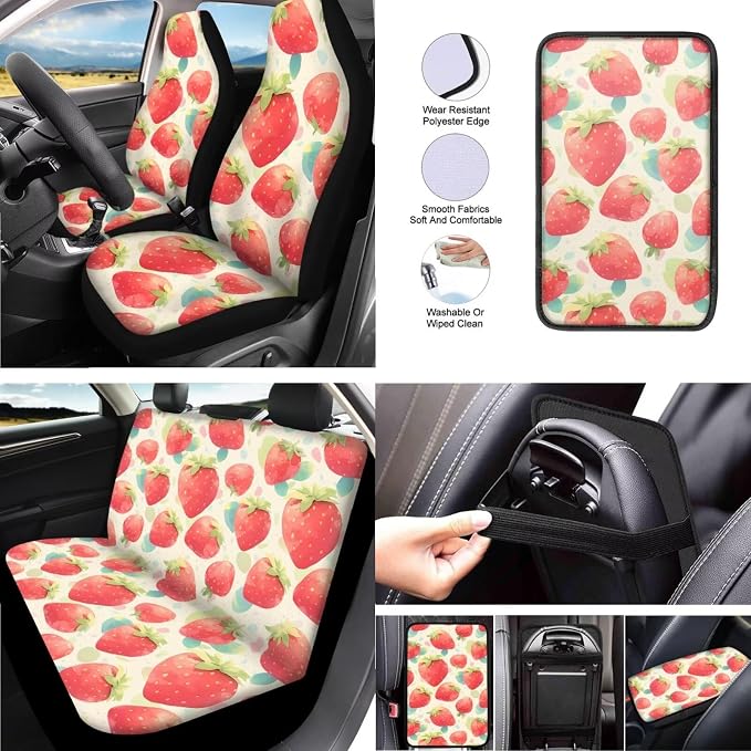 Red Strawberry Car Seat Cover Full Set, Soft Organic Strawberry Auto Seat Cover Steering Wheel Protector Armrest Pad Coaster Keychain, Universal Fit for Most Vehicles