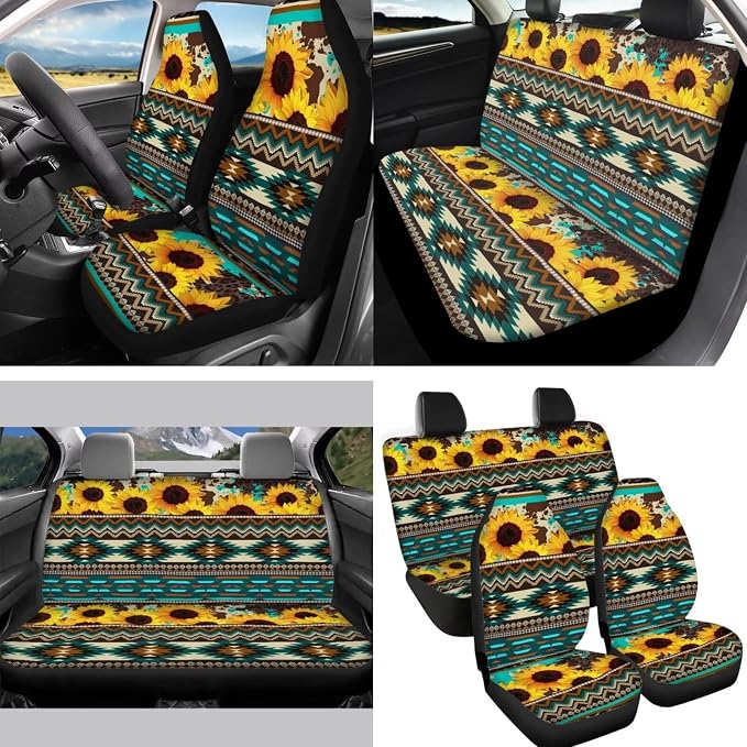 Southwestern Aztec Sunflower Auto Seat Covers Full Set,Anti Slip Cup Mat,Auto Steering Wheel Covers Sunflowers Keychains,Vehicle Interior Mirror Covers,Handbreak Gear Shift Cover for Cars