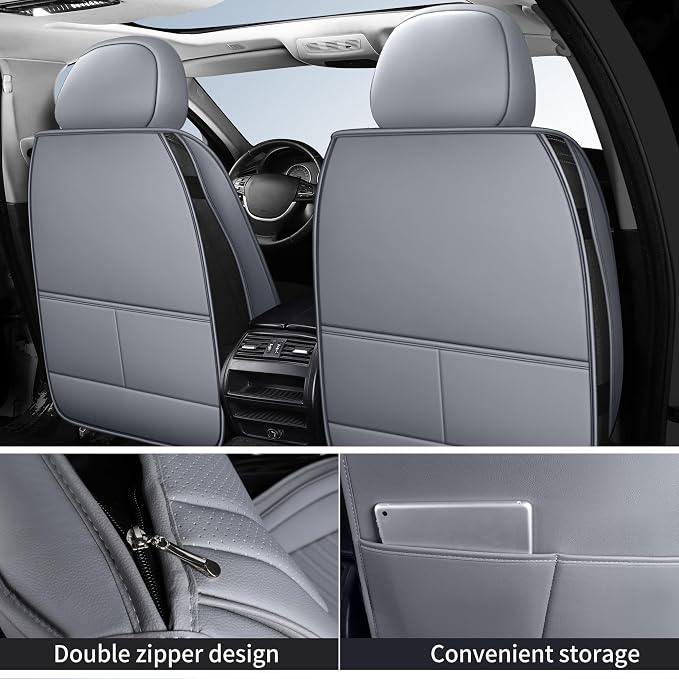 HChengkikz Nappa Leather Car Seat Covers Full Set, Gray Car seat Protector 5 Seats, Waterproof Car Seat Cushion, Universal Automotive Seat Covers Fit for SUV Truck Pick-up Sedan, Front and Rear