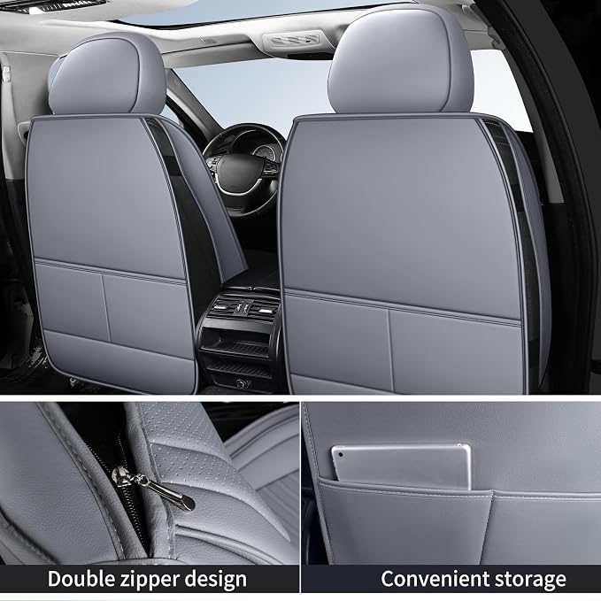 HChengkikz Nappa Leather Car Seat Covers Front Seats, Gray Car seat Protector, Waterproof Car Seat Cushion, Universal Automotive Seat Covers Fit for SUV Truck Pick-up Sedan and Most Cars