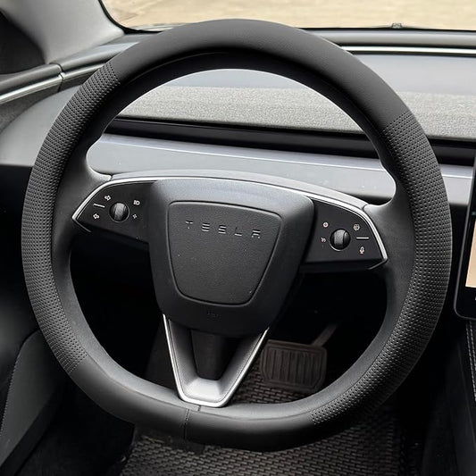 PINCTROT Nappa Leather Steering Wheel Cover for Tesla Model Y/3 Highland/Juniper, D Shaped 14 Inch Small Sized with Breathable Perforation, Fit Like Gloves, Flat Bottom 14 Inch(Nappa Black)