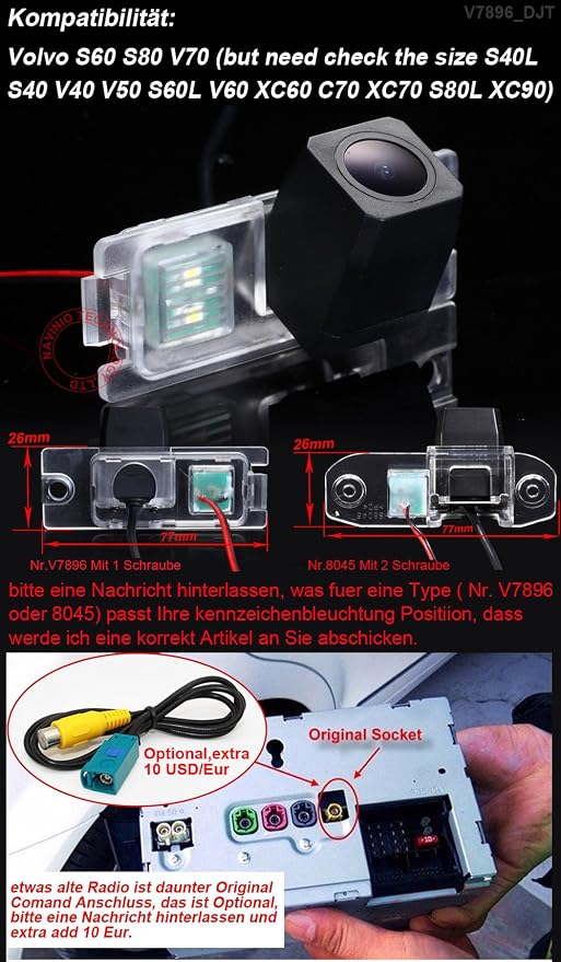 1280 * 720 pixels 1000TV lines Car License Plate Light Rear View Camera for Volvo S60 S80 V70