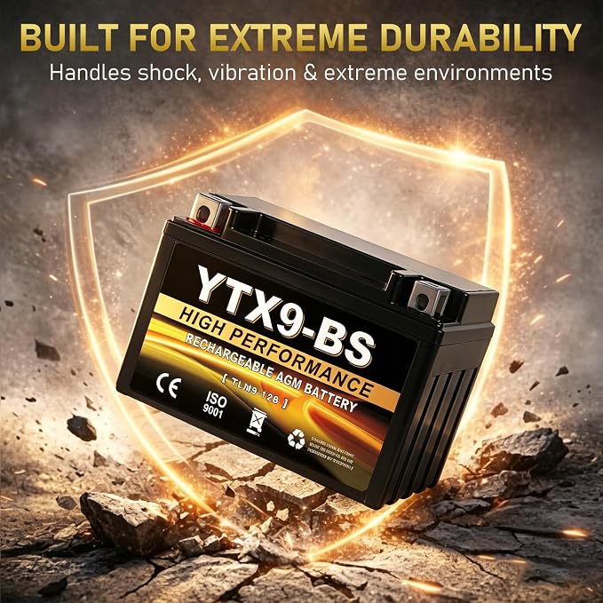 YTX9-BS 12V 9Ah AGM Sealed Motorcycle Battery, Maintenance-Free, Compatible with Honda Polaris Suzuki, Replacement for YTX9-BS, ETX9, GTX9-BS