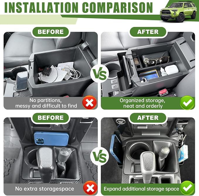 Center Console Organizer for 2010-2024 Toyota 4Runner Upgraded Hanging Armrest Box Extra Storage Gear Shift Side Tray for 4 Runner Interior Accessories(Fit Hanging+Shifter+Armrest Organizer)