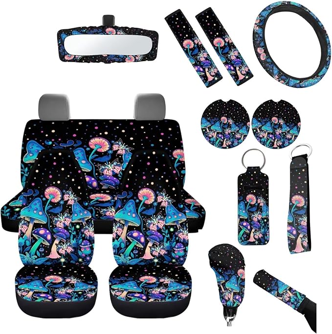 Hippie Mushroom Auto Seat Cover Set of 14,Mushroom Seat Covers for Front Rear Back Seats Protection+Butterfly Mushrooms Steering Wheel Cover+Seatbelt +Keychain+Interior Mirror Cover