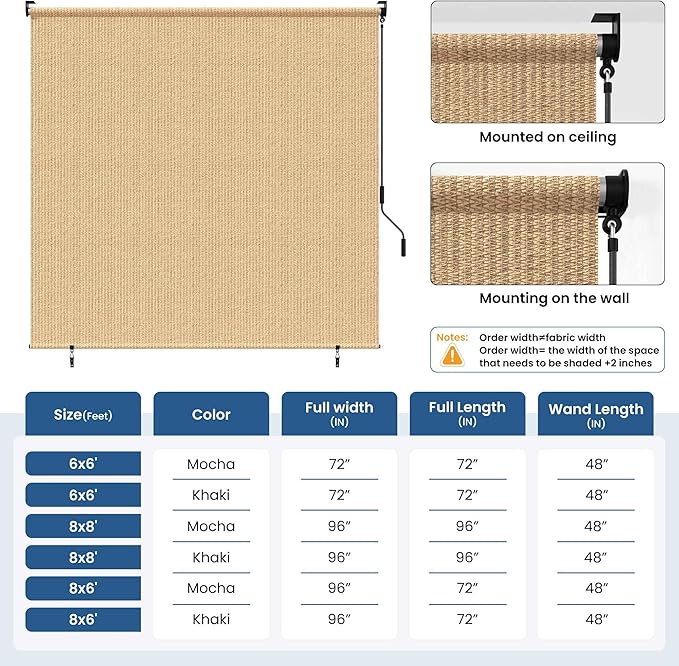 Grandekor Outdoor Roller Shade,6' W x 6' H,Patio Roll Up Shade Cordless,Outdoor Privacy Screen with 220GSM HDPE Aluminum,Wand Operation,Exterior Roller Shade Cloth for Porch Gazebo Backyard,Khaki