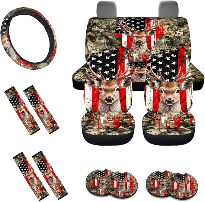 Deer Leaf American Flag Pattern Auto Accessories Set of 13, Car Front and Back Seat Covers Full Set + Steering Wheel Cover + Safe Belt Pad for Car + Coasters with Notch
