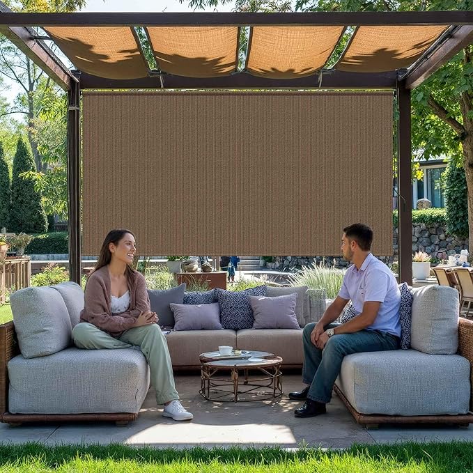 Grandekor Outdoor Roller Shade,8' W x 6' H,Patio Roll Up Cordless,Outdoor Privacy Screen with 220GSM HDPE Aluminum,Wand Operation,Exterior Roller Shades Cloth for Porch Gazebo Backyard,Mocha