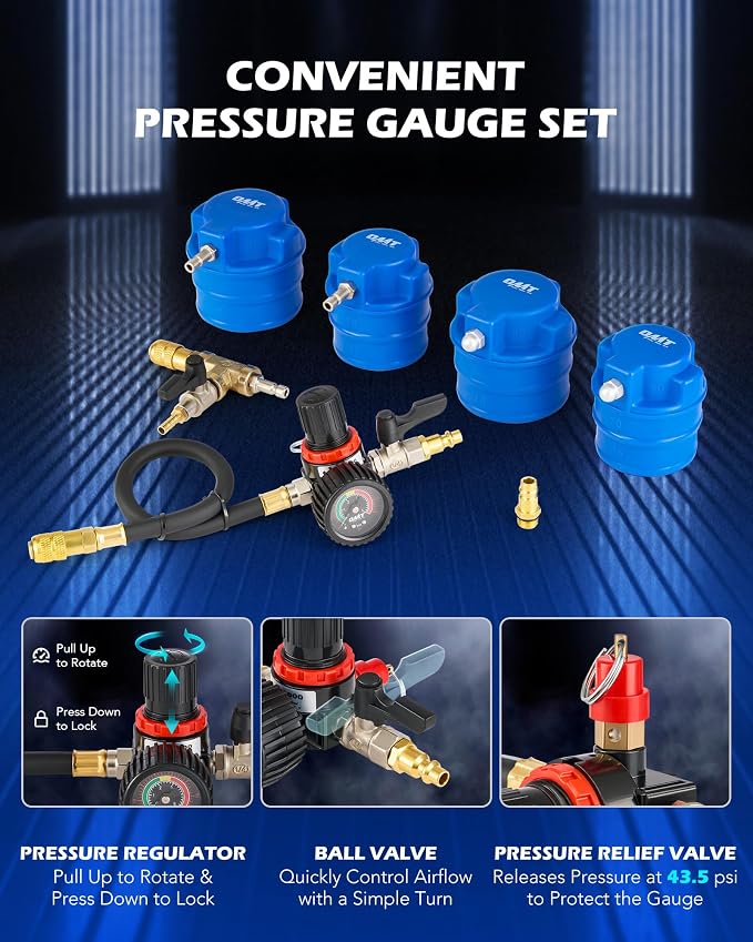 Orion Motor Tech Turbo Boost Leak Tester Set, Turbo System Leakage Tester Kit with Smoke Adapter 6 Pairs of Stepped Adapters 1.2" to 3.5", Turbo Pressure Leak Tester for Cooling Emission Exhaust Pipes