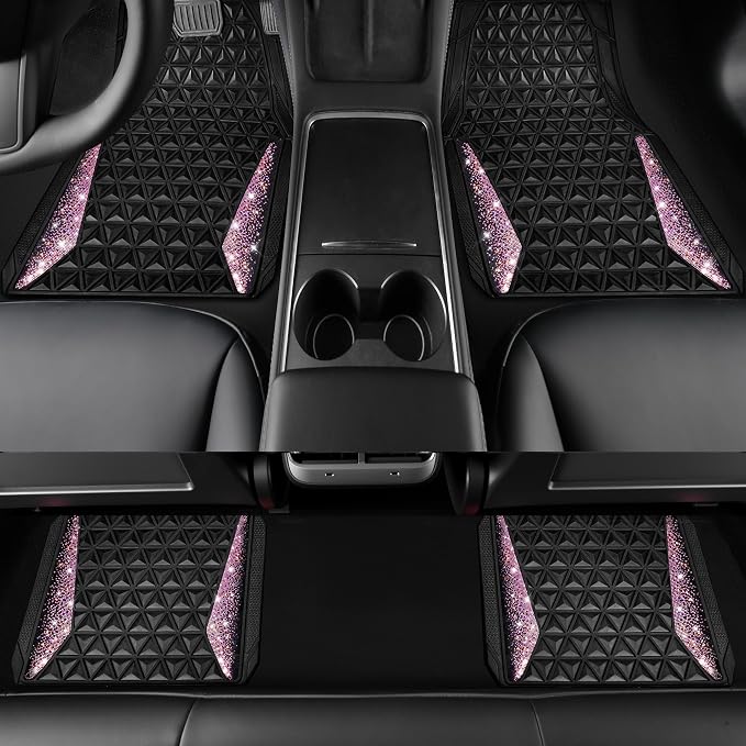 CAR PASS Bling Rubber Car Mats Diamond Floor Mats Full Set Anti-Slip 3D Rhombus Waterproof Universal Trim to Fit Liner Glitter Crystal Sparkly Shining Rhinestone Girl Women SUV Sedan Van, Black Pink